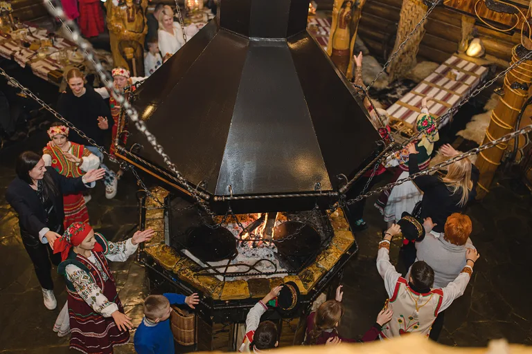 Transcarpathian folk evening (vechornytsi) excursion · Theatrical performance, Transcarpathian cuisine and an arkan dance workshop — Koliba Opryshkiv, Nyzhnie Selyshche village (Khust area); departure from Apartel Shayan, Shayan